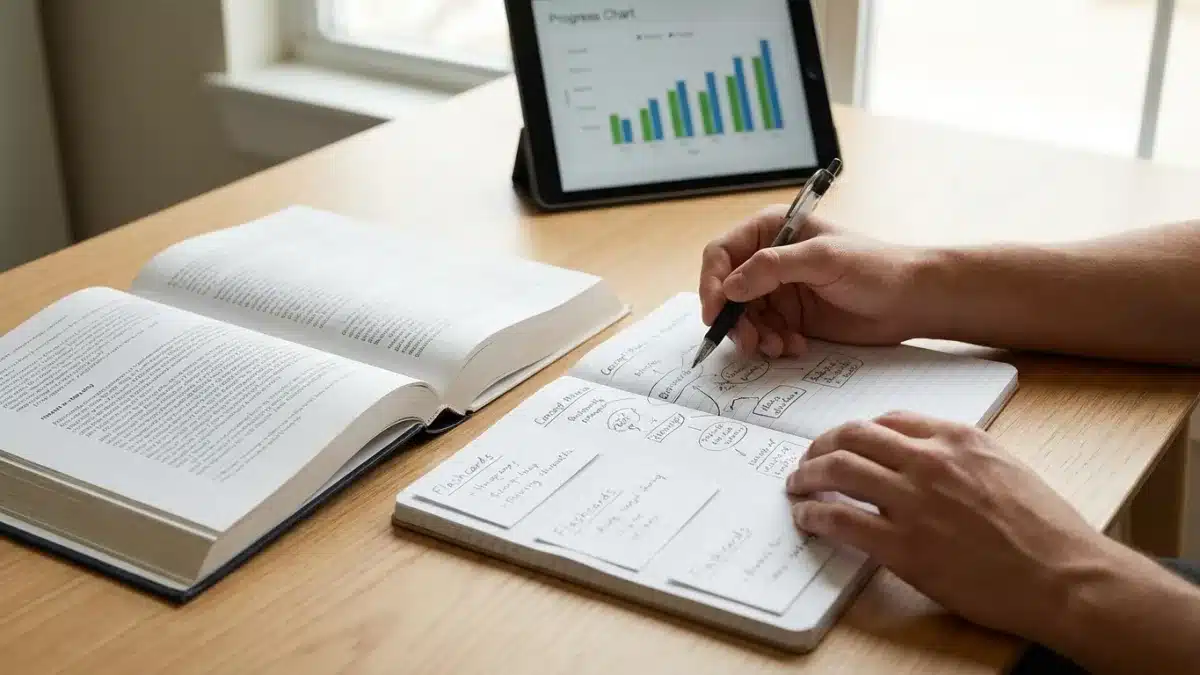 Un étudiant utilise des cartes mnémotechniques pour stimuler son cerveau lors de la révision théorique.