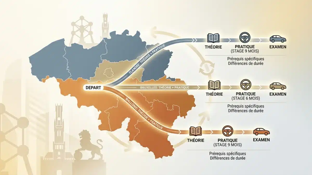 Une carte de Belgique illustre la séparation des parcours de permis entre Wallonie, Flandre et Bruxelles.