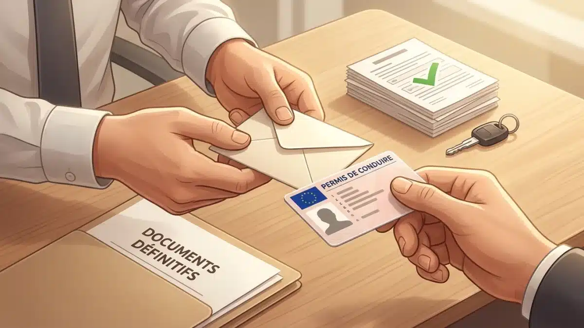 Un nouveau conducteur récupère son permis de conduire belge définitif au guichet de l'administration communale.