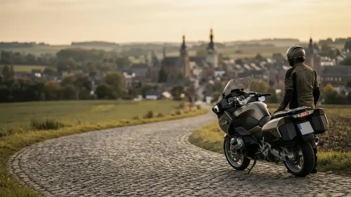 Motard équipé sur une route illustrant les catégories de permis moto belges AM, A1, A2 et A.