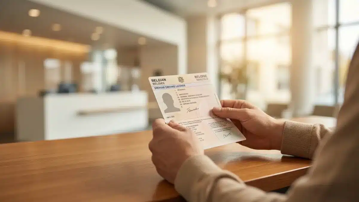 Un permis de conduire belge sur un bureau administratif pour illustrer la demande de duplicata.
