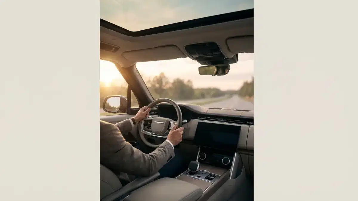 Un conducteur débutant ajuste son rétroviseur pour garantir une visibilité optimale avant de démarrer.