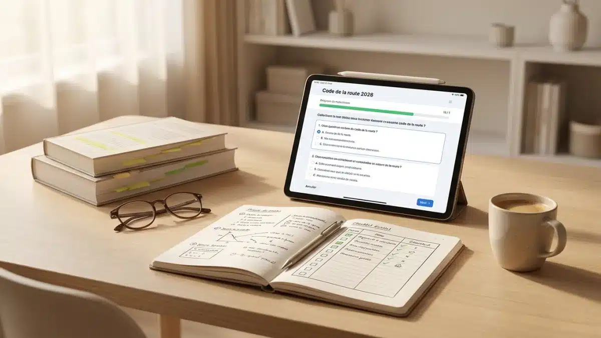 Un candidat révise sérieusement sur une tablette pour préparer l'examen théorique du code.