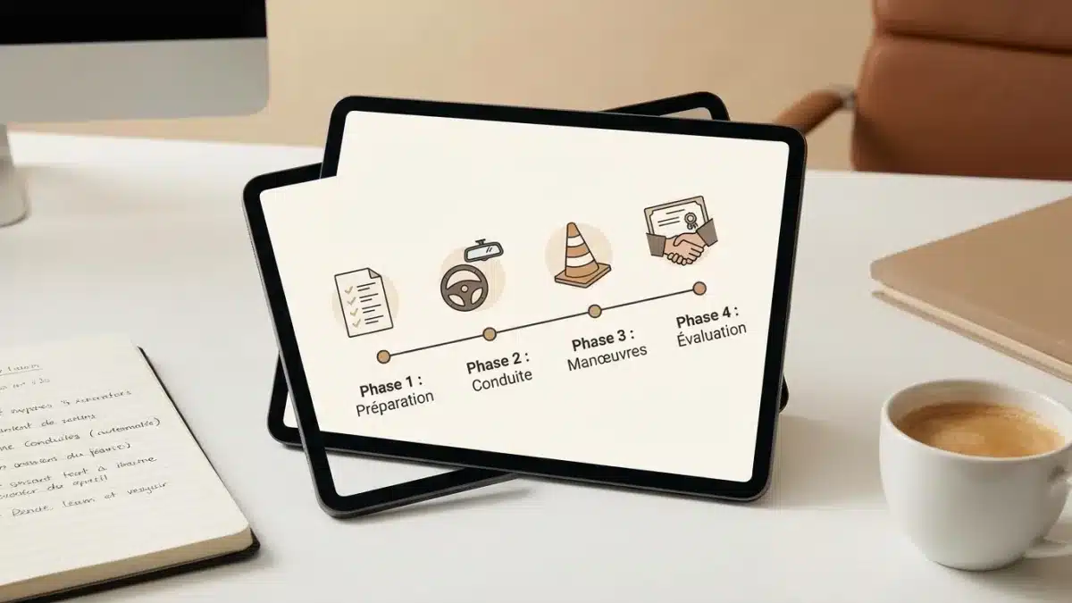 Un candidat concentré au volant écoute les consignes de l'examinateur durant l'épreuve pratique du permis.