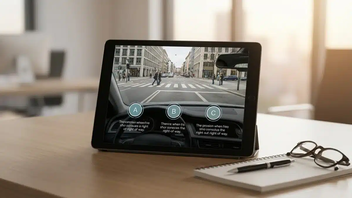 Exemple d'interface d'examen théorique affichant une mise en situation réelle de conduite.