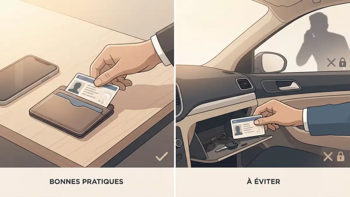 Un conducteur range soigneusement son permis de conduire dans un porte-carte sécurisé pour éviter le vol.