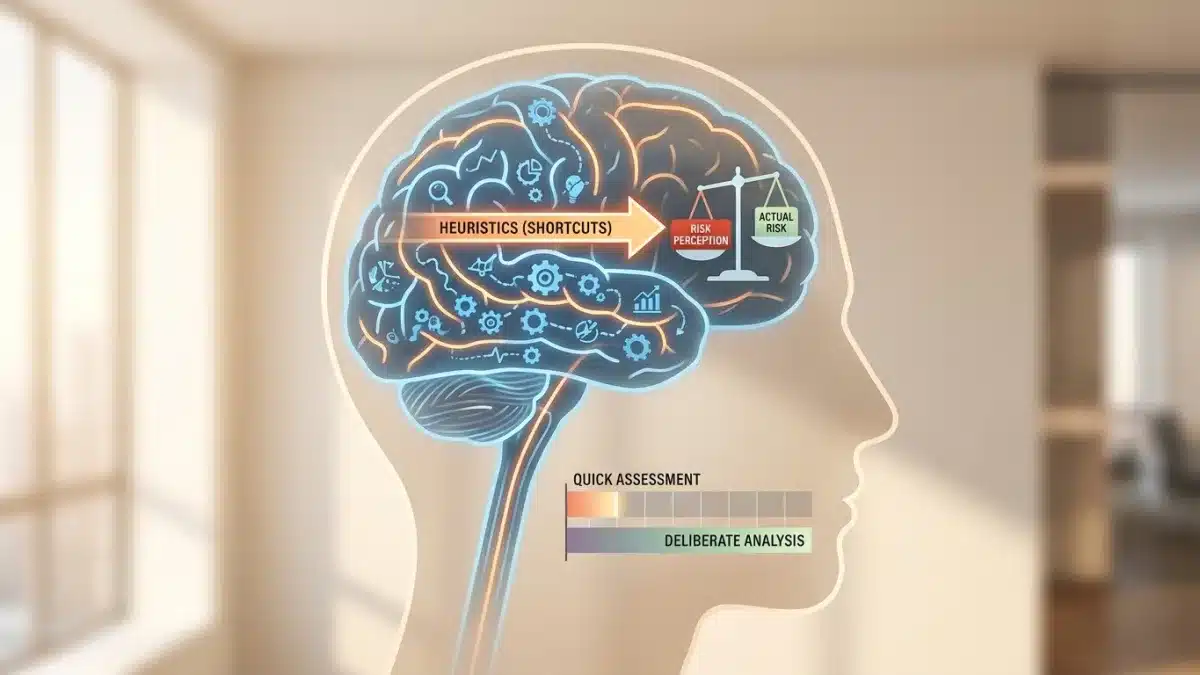 Illustration d'un cerveau humain filtrant les informations pour évaluer rapidement les risques via des heuristiques.