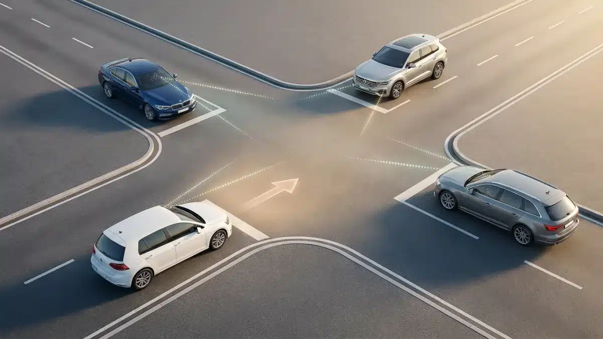 Illustration d'une situation de priorité avec quatre véhicules bloqués à un carrefour sans signalisation.