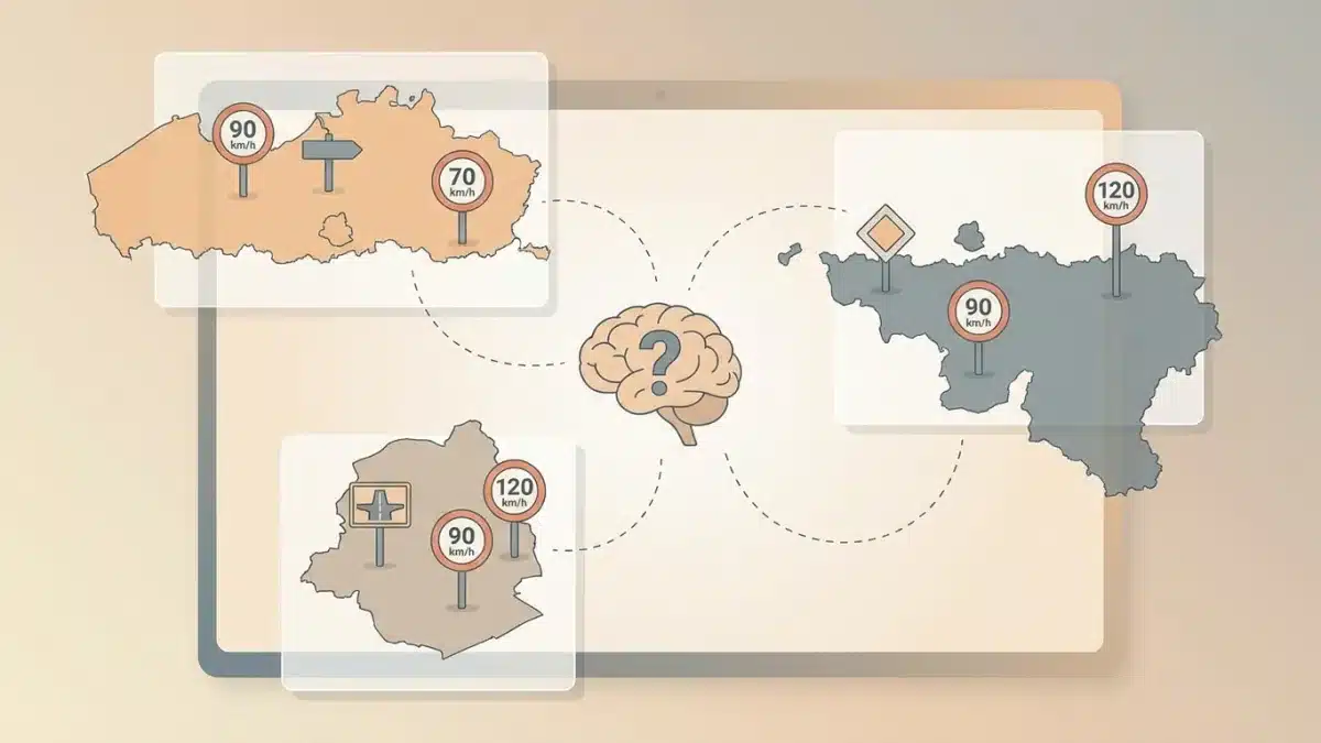 Panneaux de signalisation belges montrant les différences de vitesse entre Flandre, Wallonie et Bruxelles.
