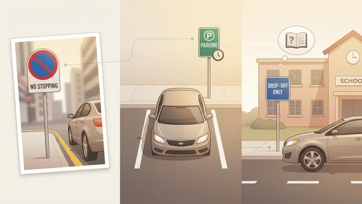 Un véhicule stationné près d'un panneau d'interdiction et d'un marquage au sol jaune illustrant un piège fréquent.