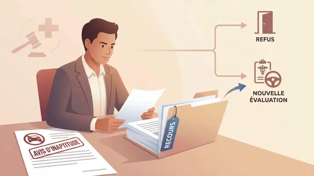 Une personne consulte un document juridique pour contester un avis d'inaptitude à la conduite.