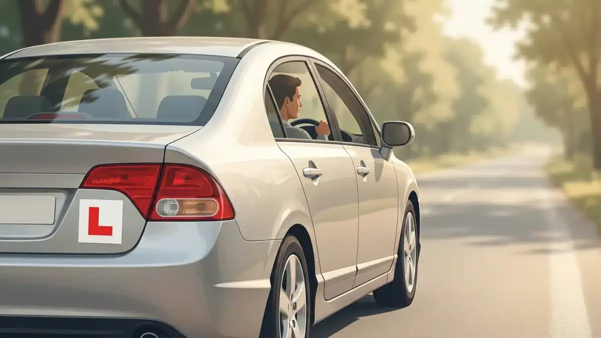 Jeune conducteur au volant de sa voiture avec le panneau L affiché à l'arrière du véhicule.