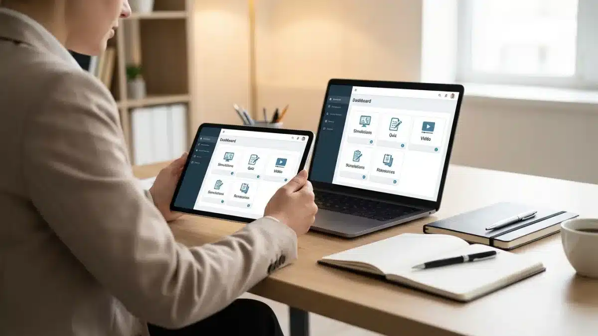 Un candidat révise sur une tablette affichant une simulation de conduite pour le test de risques.