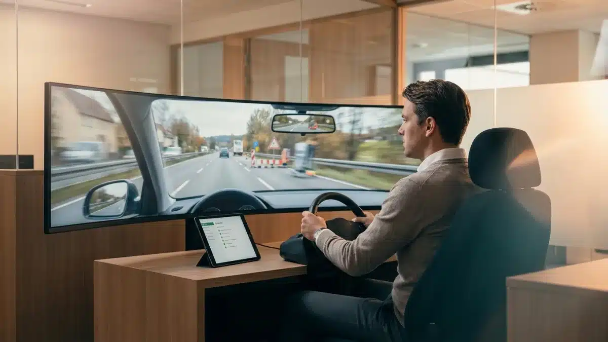 Un candidat analyse une situation routière sur écran lors du test de perception des risques en Belgique.