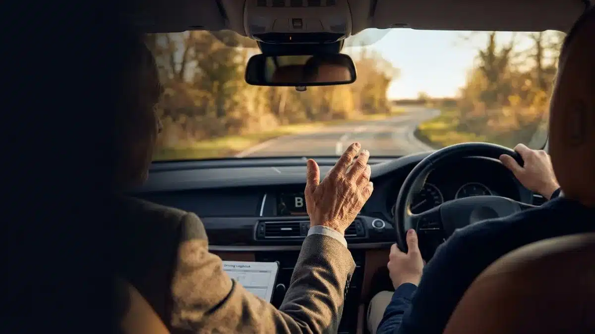 Un guide expérimenté conseille un apprenti conducteur au volant d'une voiture pour le permis B.