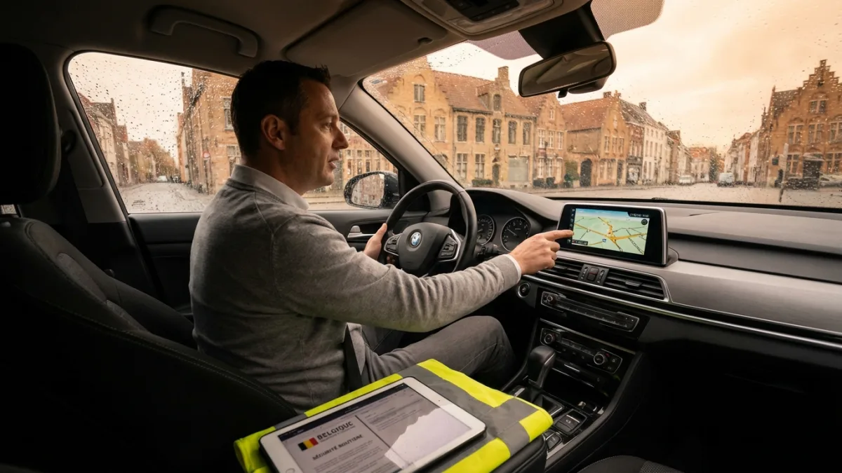 Une voiture circule prudemment sur une route belge avec une signalisation claire et visible.
