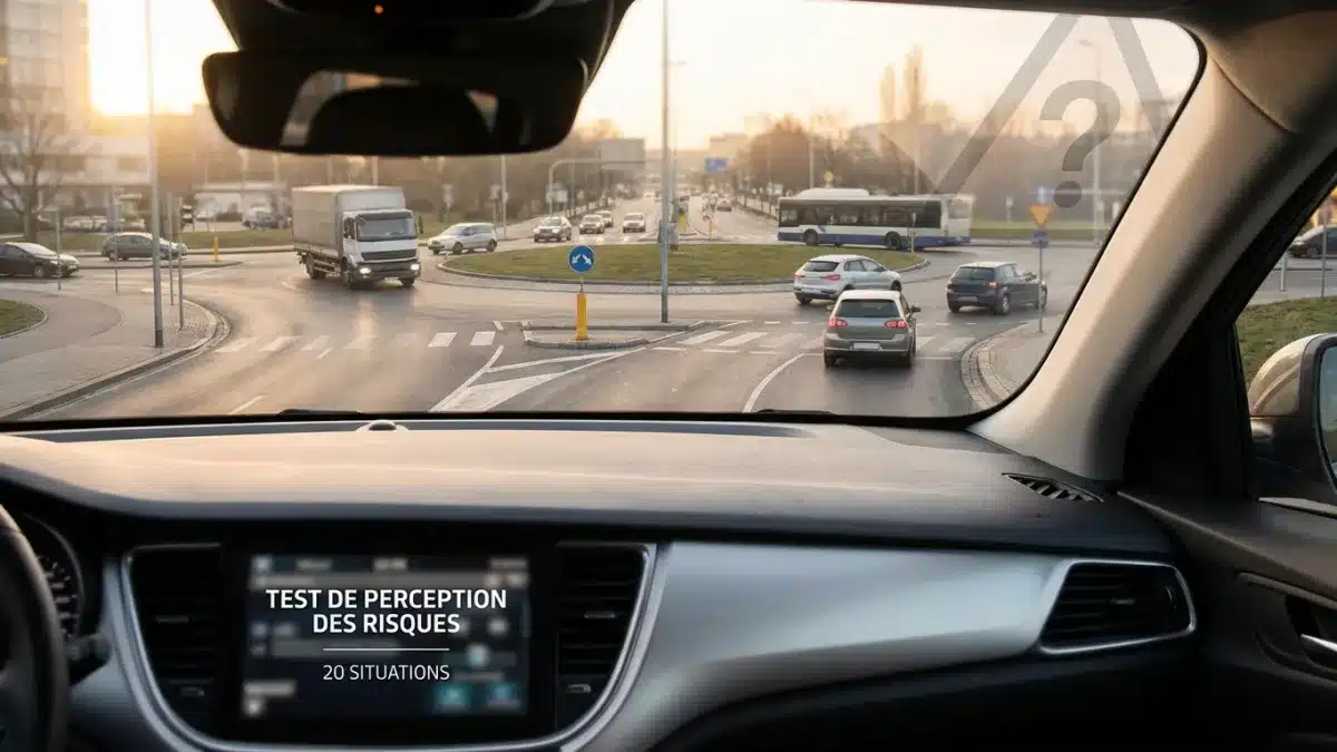 Vue depuis l'habitacle d'une voiture face à une situation dangereuse en ville pour l'examen de conduite.