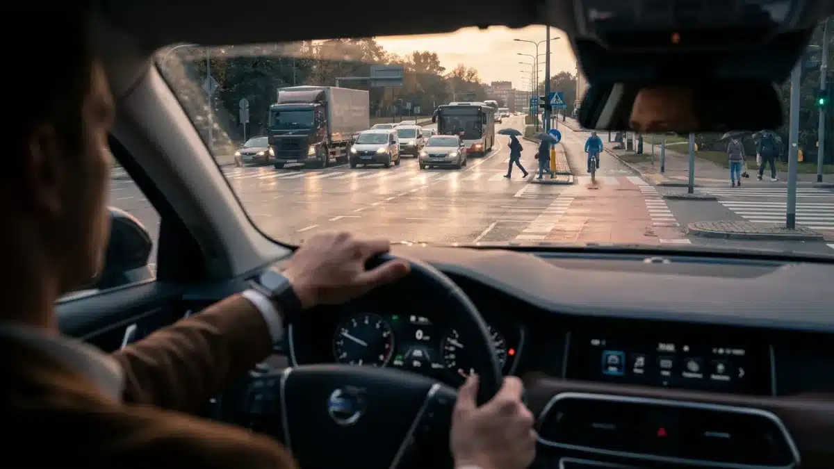 Un conducteur attentif analyse la route pour identifier les situations dangereuses au volant.