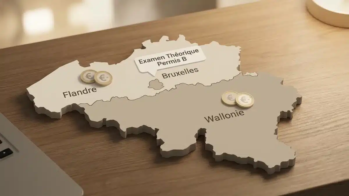 Comparaison visuelle des tarifs de l'examen théorique permis B en Wallonie, Bruxelles et Flandre pour 2026.