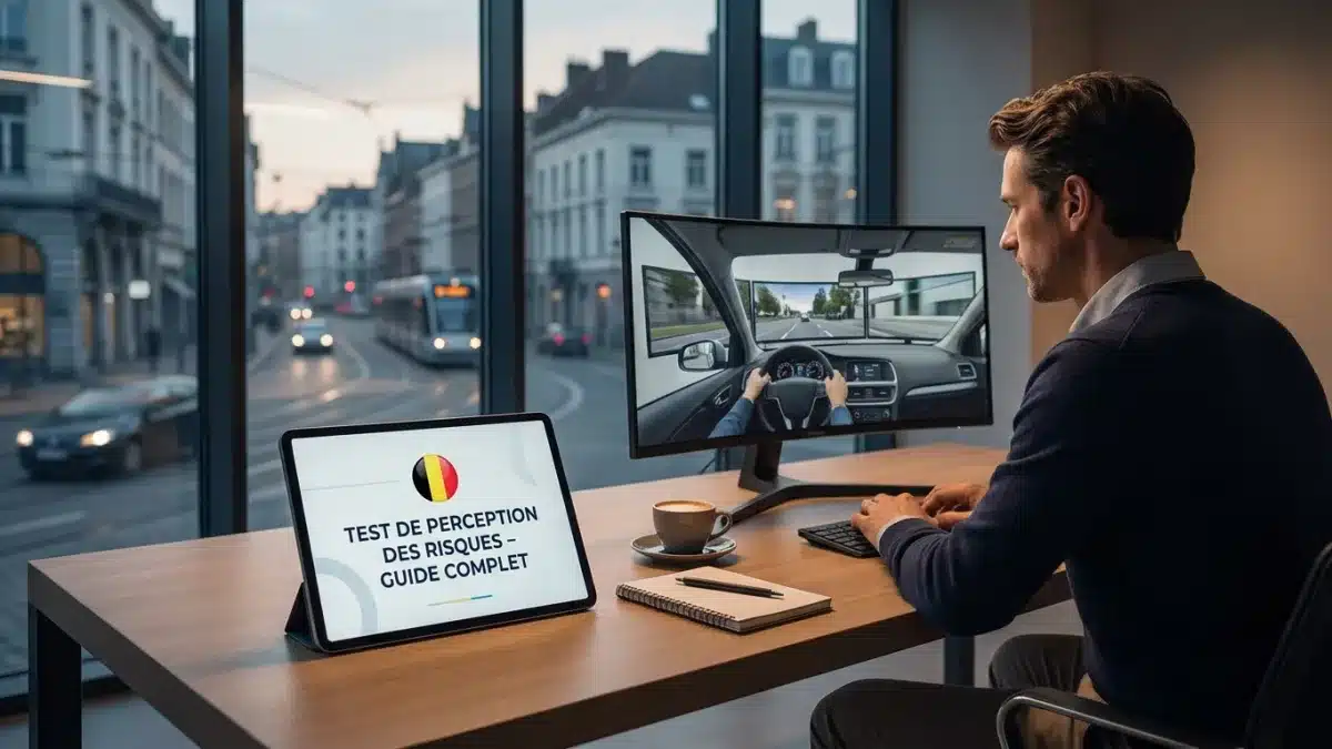Interface de simulation de conduite affichant des dangers routiers pour le permis belge.