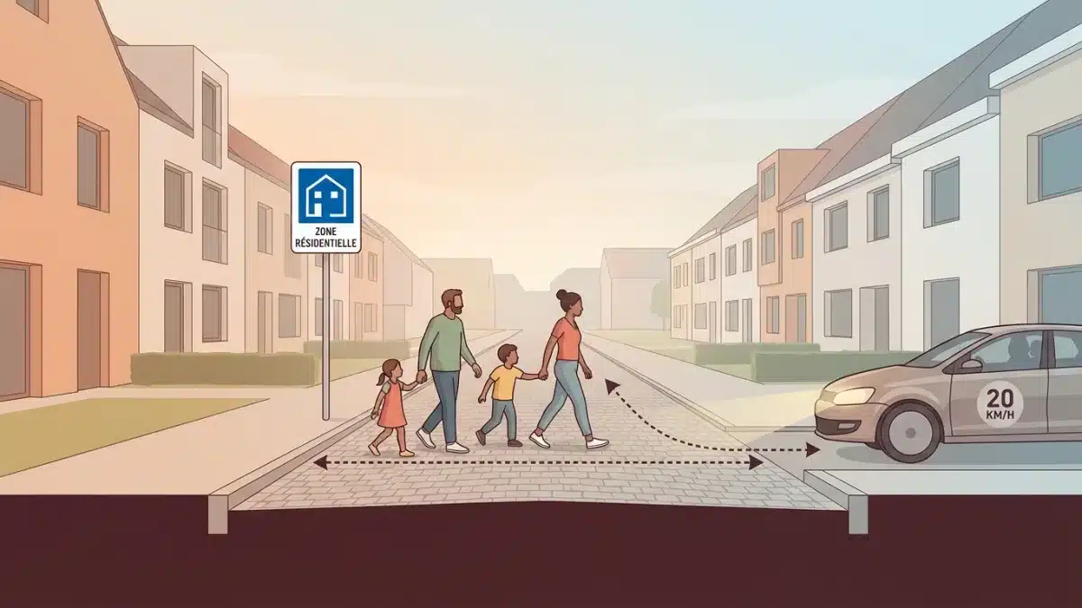 Des piétons marchent au milieu de la chaussée dans une zone résidentielle limitée à 20 km/h en Belgique.