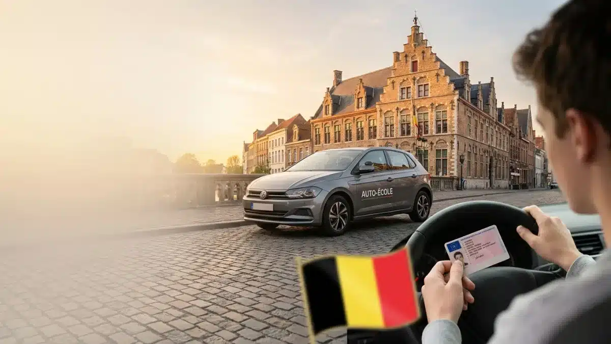 Jeune conducteur souriant tenant un permis de conduire provisoire belge devant une voiture.