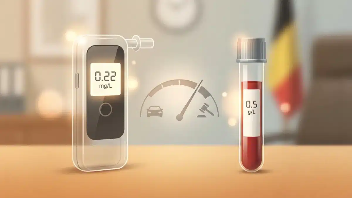 Un policier effectue un contrôle d'alcoolémie pour vérifier le seuil légal belge de 0,5 g/L.