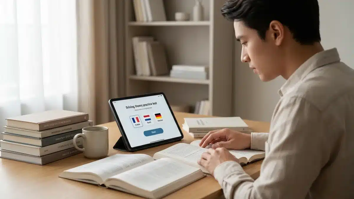 Des candidats au permis de conduire étudient la théorie avec des manuels multilingues.