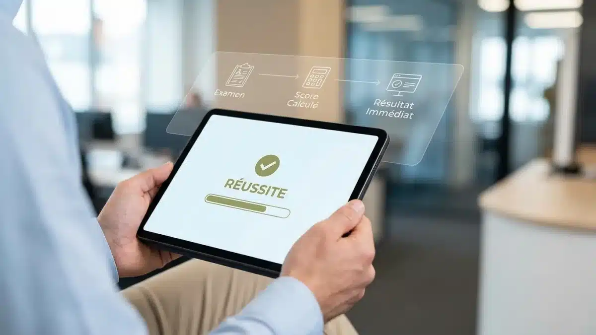 Candidat découvrant son score de réussite affiché sur l'écran après l'examen théorique permis B.