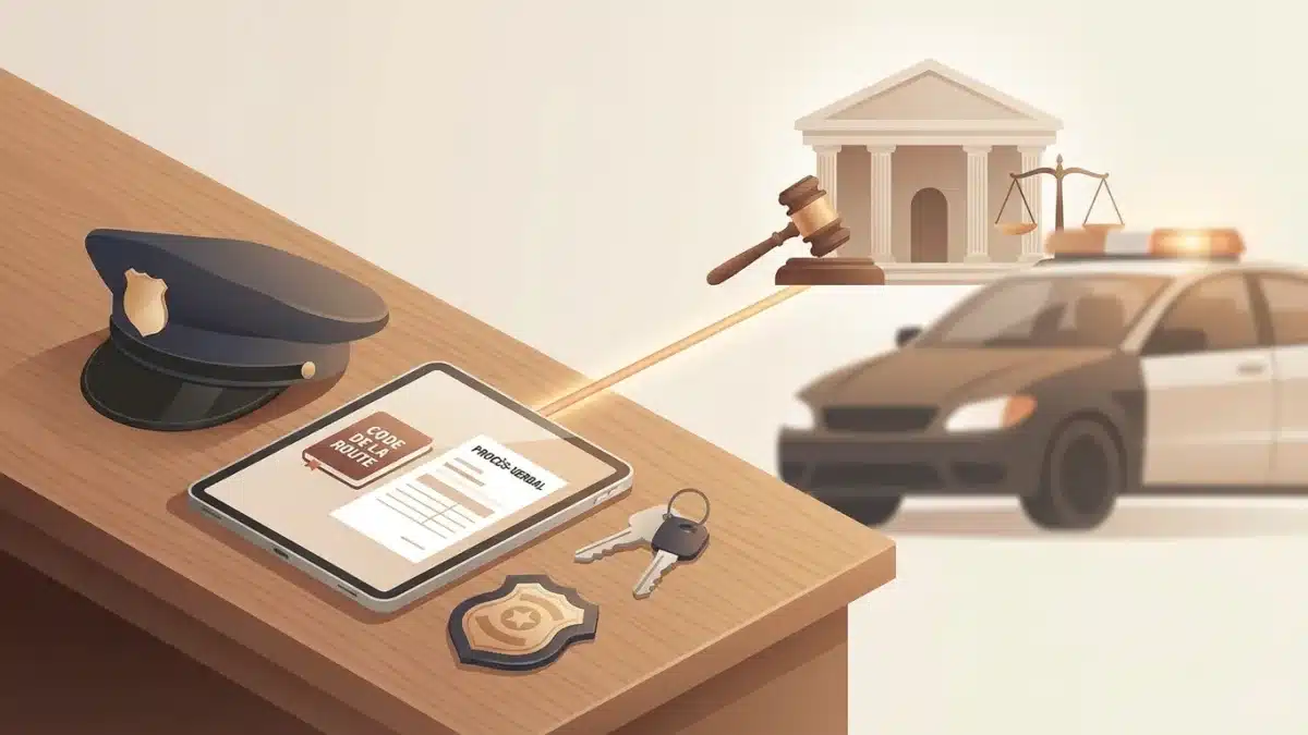 Des policiers effectuent un contrôle routier pour faire respecter le Code de la route et la sécurité.