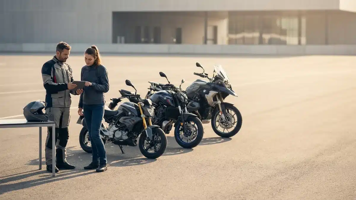 Alignement de différents deux-roues symbolisant les catégories de permis moto belges AM, A1, A2 et A.