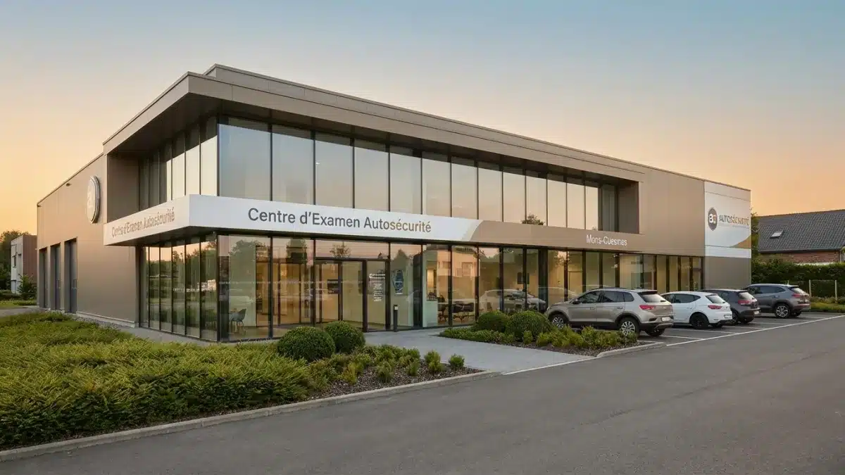 Façade du centre d'examen du permis de conduire à Cuesmes, géré par Autosécurité près de Mons.