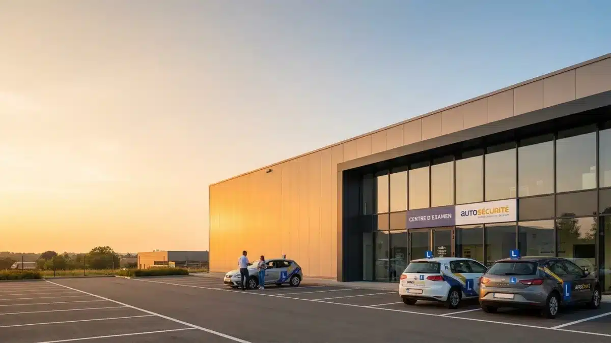Bâtiment du centre d'examen du permis de conduire de Tihange à Huy avec des voitures sur le parking.