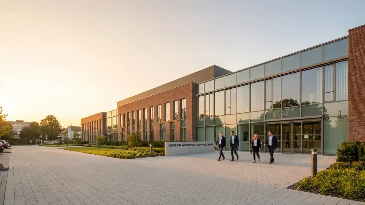 Entrée principale du centre d'examen du permis de conduire ACT situé à Evere en région bruxelloise.