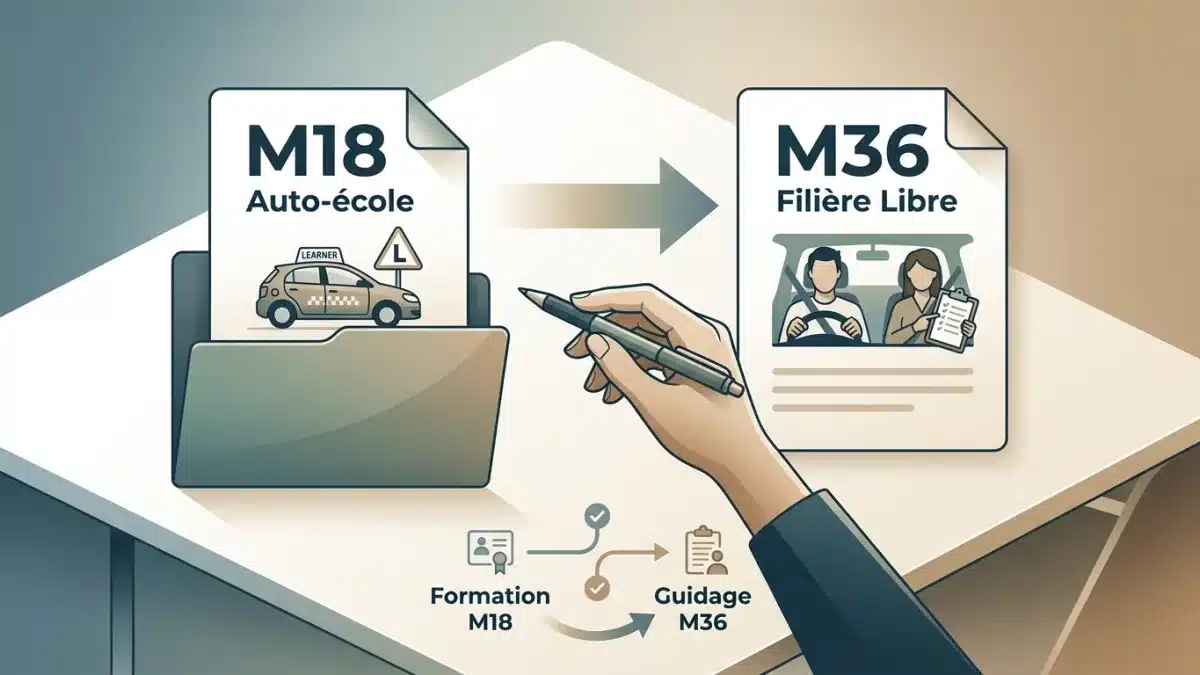 Un jeune conducteur au volant avec son guide pour passer du permis M18 au modèle M36.
