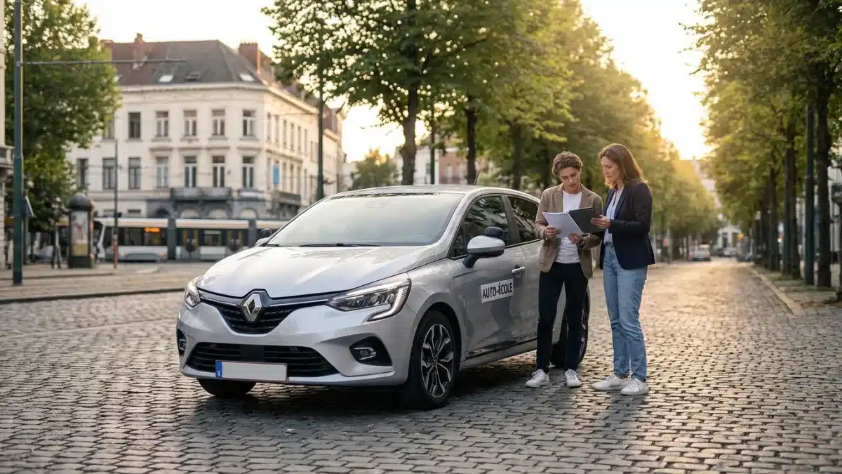 Élève conducteur confiant au volant d'une voiture d'auto-école agréée en Belgique.