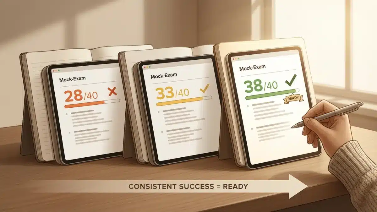 Un candidat observe ses excellents résultats réguliers sur une série d'examens blancs du code de la route.