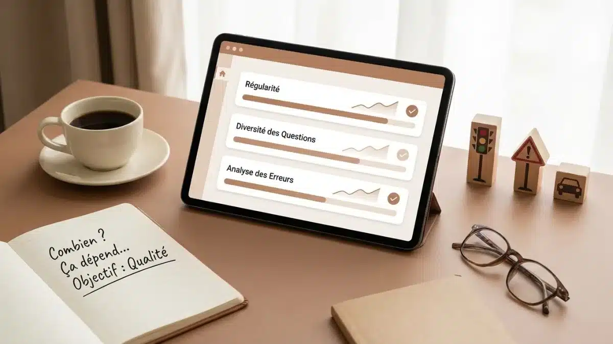 Candidat analysant ses résultats d'exercices du code de la route sur un écran d'ordinateur pour suivre sa progression.