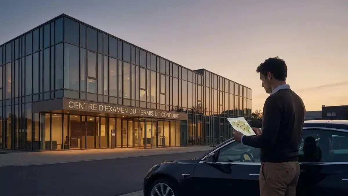Un jeune conducteur au volant consulte les centres d'examen du permis en Belgique sur une carte.