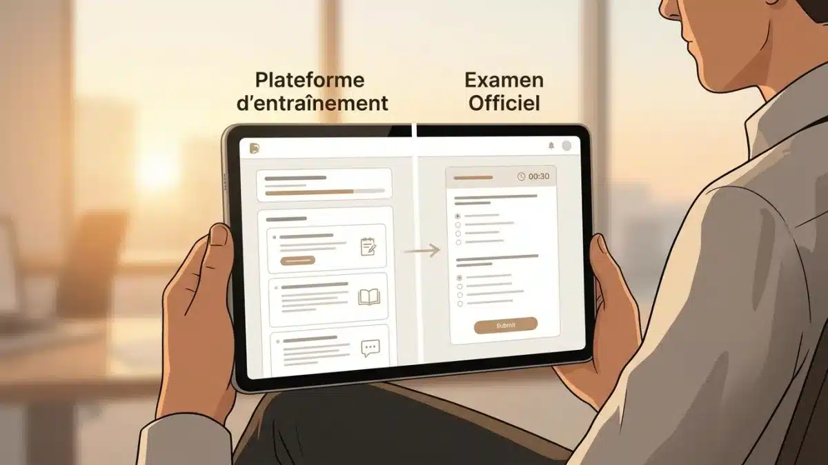 Interface d'une plateforme d'entraînement au test de perception des risques reproduisant l'examen officiel.