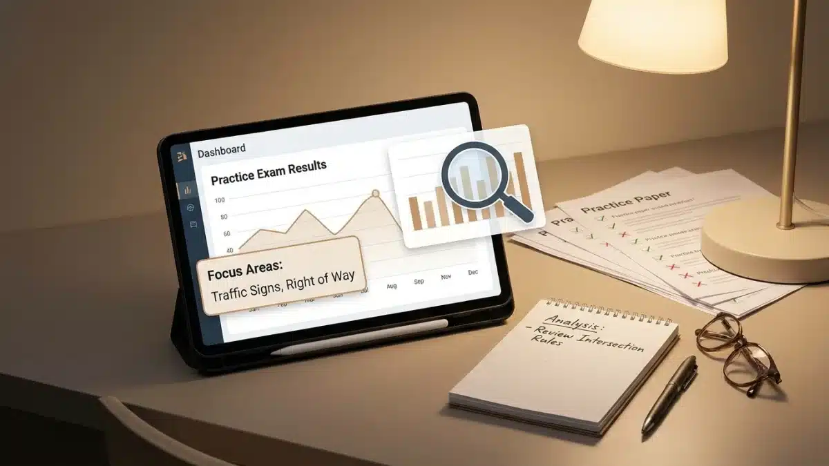 Un candidat analyse ses erreurs sur un examen blanc du code de la route après un premier échec.