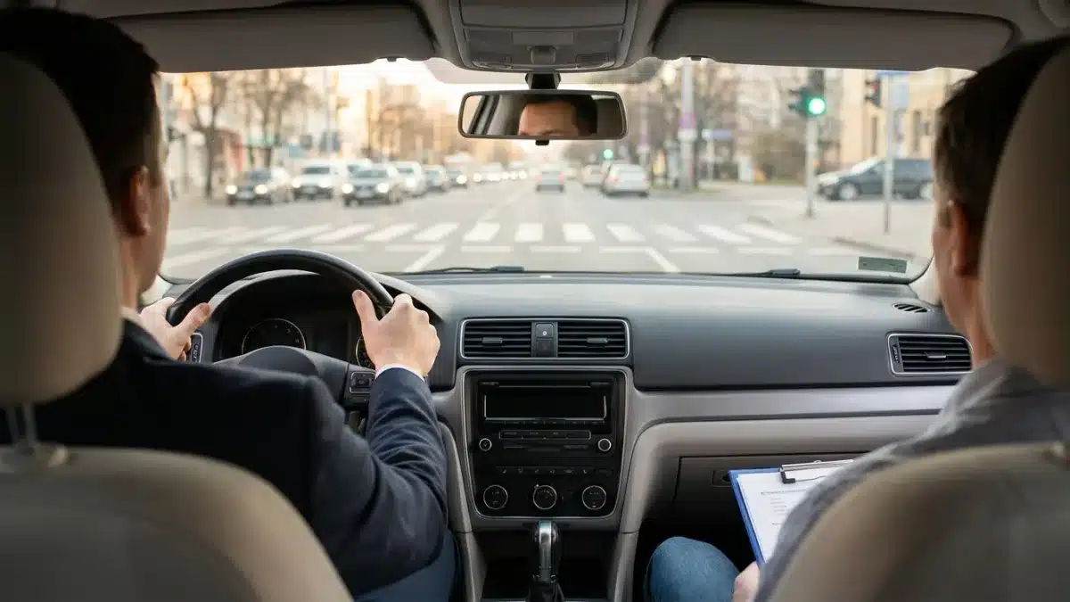 Un candidat au permis conduit avec fluidité sur la voie publique tout en anticipant la circulation routière.