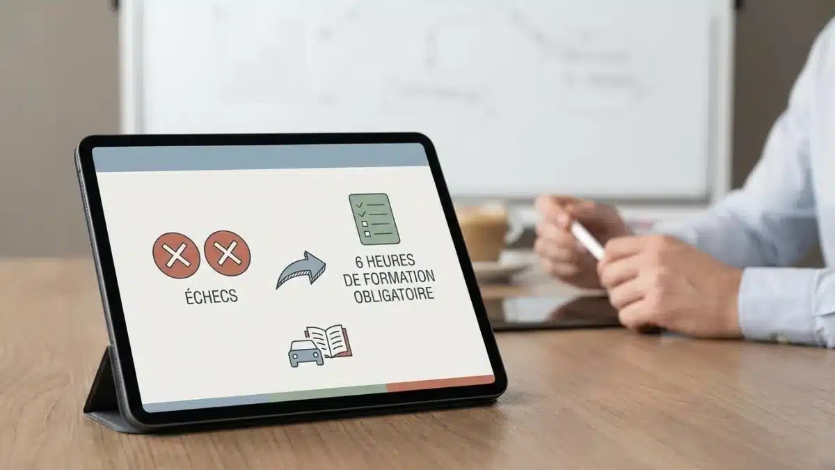 Candidat au permis de conduire suivant des cours obligatoires en auto-école après deux échecs à l'examen pratique.