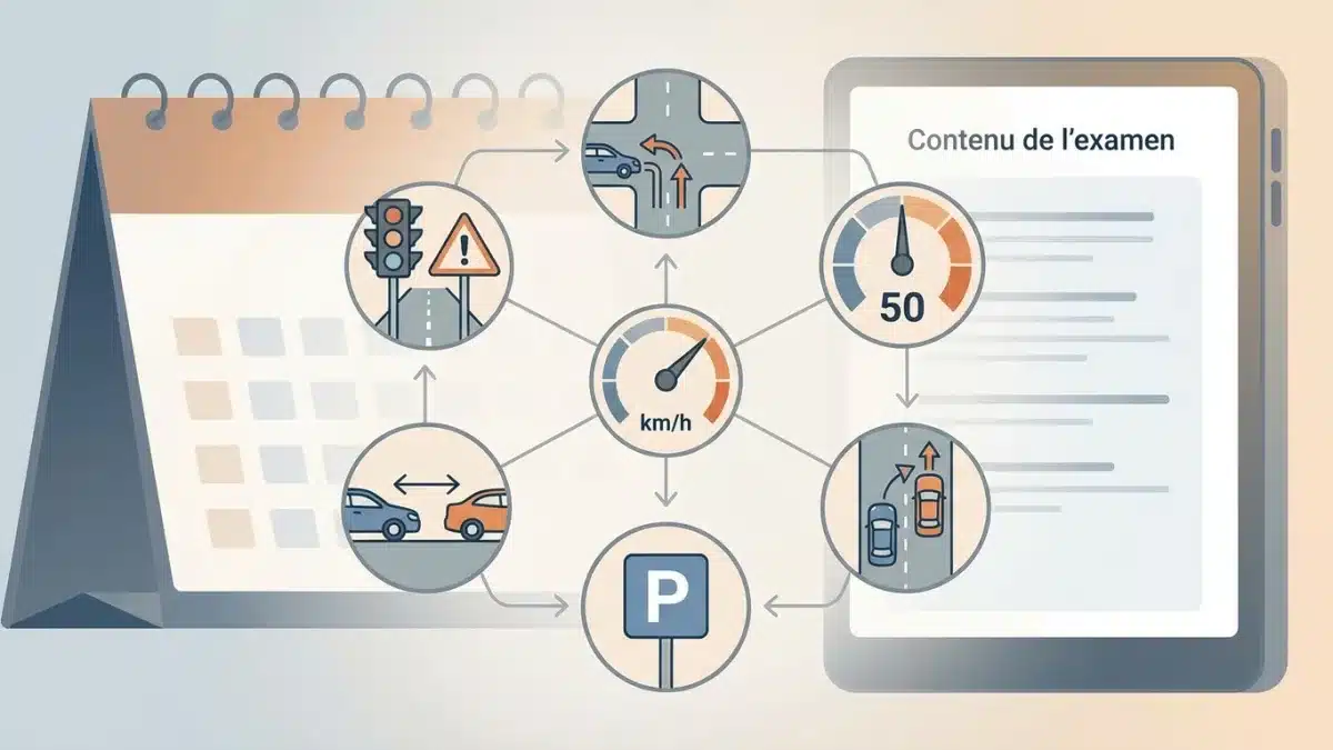 Illustration des thématiques clés du code de la route belge comme la signalisation et les règles de priorité.