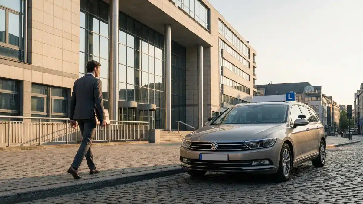 Candidat au permis de conduire belge déçu au volant consultant ses résultats d'examen.