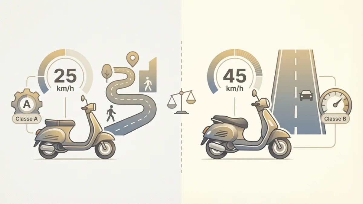Un cyclomoteur classe A et un classe B côte à côte pour illustrer les différences de vitesse maximale autorisée.