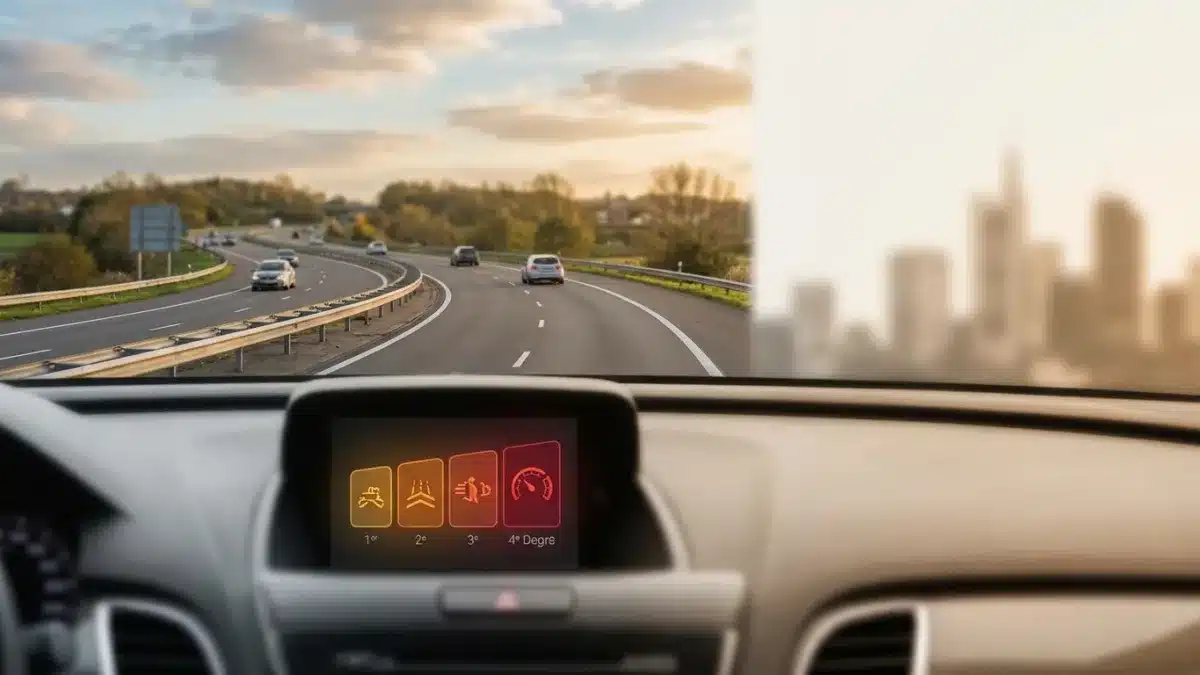 Panneaux de signalisation et marteau de juge illustrant les quatre niveaux des infractions routières en Belgique.