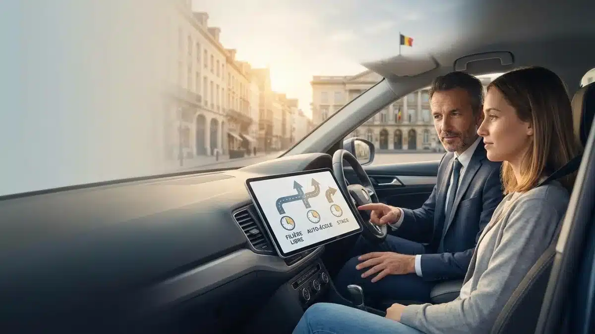 Jeune conducteur belge au volant de sa voiture regardant un calendrier pour calculer le délai de son permis.