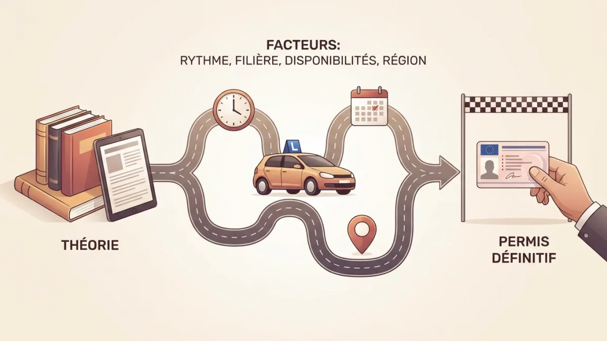 Un calendrier détaille les étapes et les délais variables entre la théorie et le permis de conduire définitif.