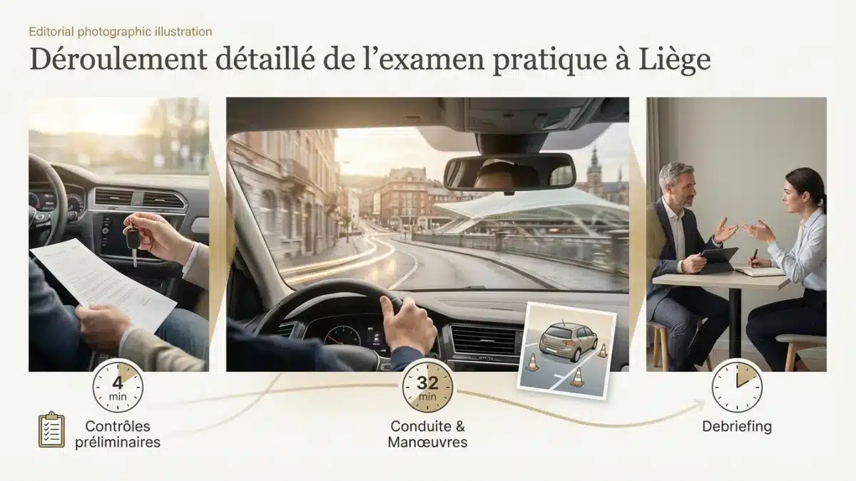 Candidat au volant et examinateur durant les 40 minutes de l'épreuve pratique à Liège.